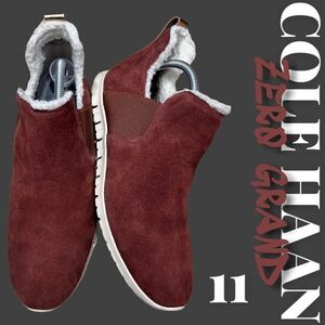 Authentic COLE HAAN ZEROGRAND SLPON Brown & Gold Suede w/ Fur Boots Size 11